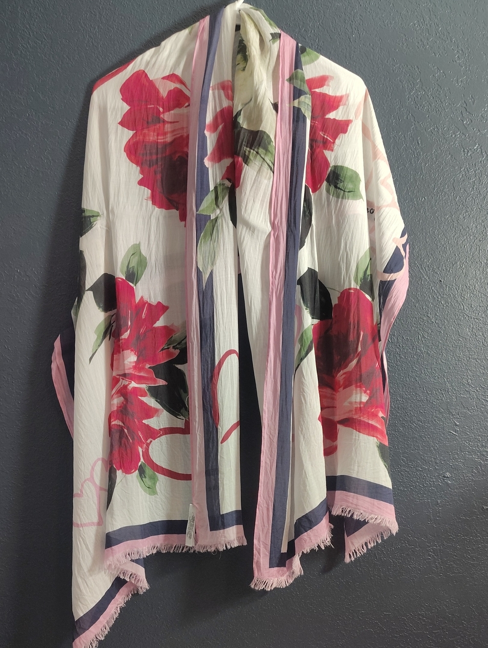 Talbots Pink, White & Navy Modal Lightweight Rose Heart Love Scarf with  Fringe